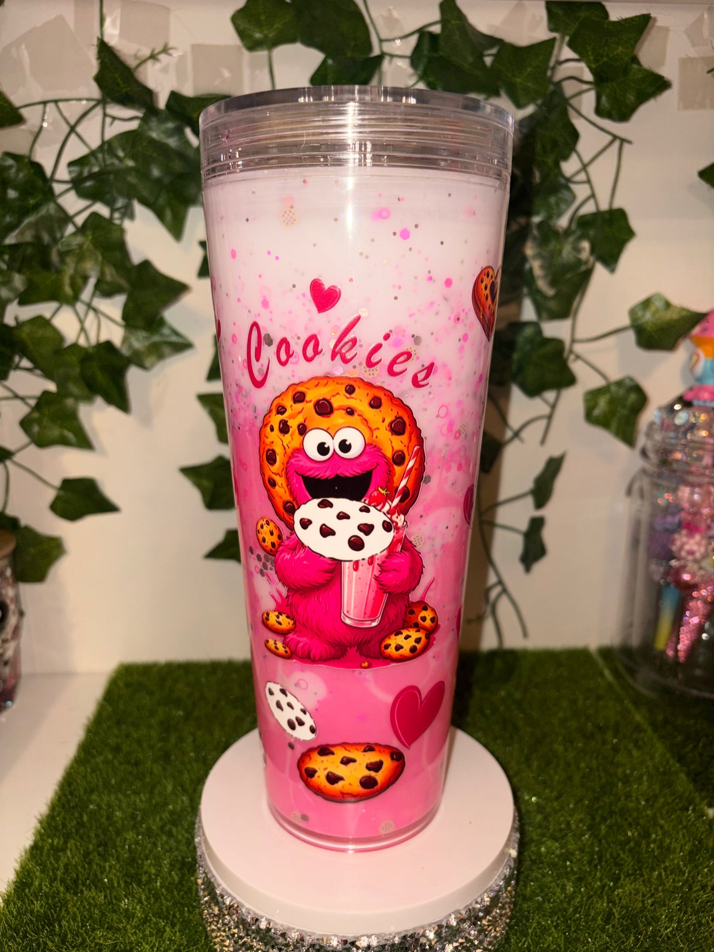 24oz pink Cookie Monster 3d lid