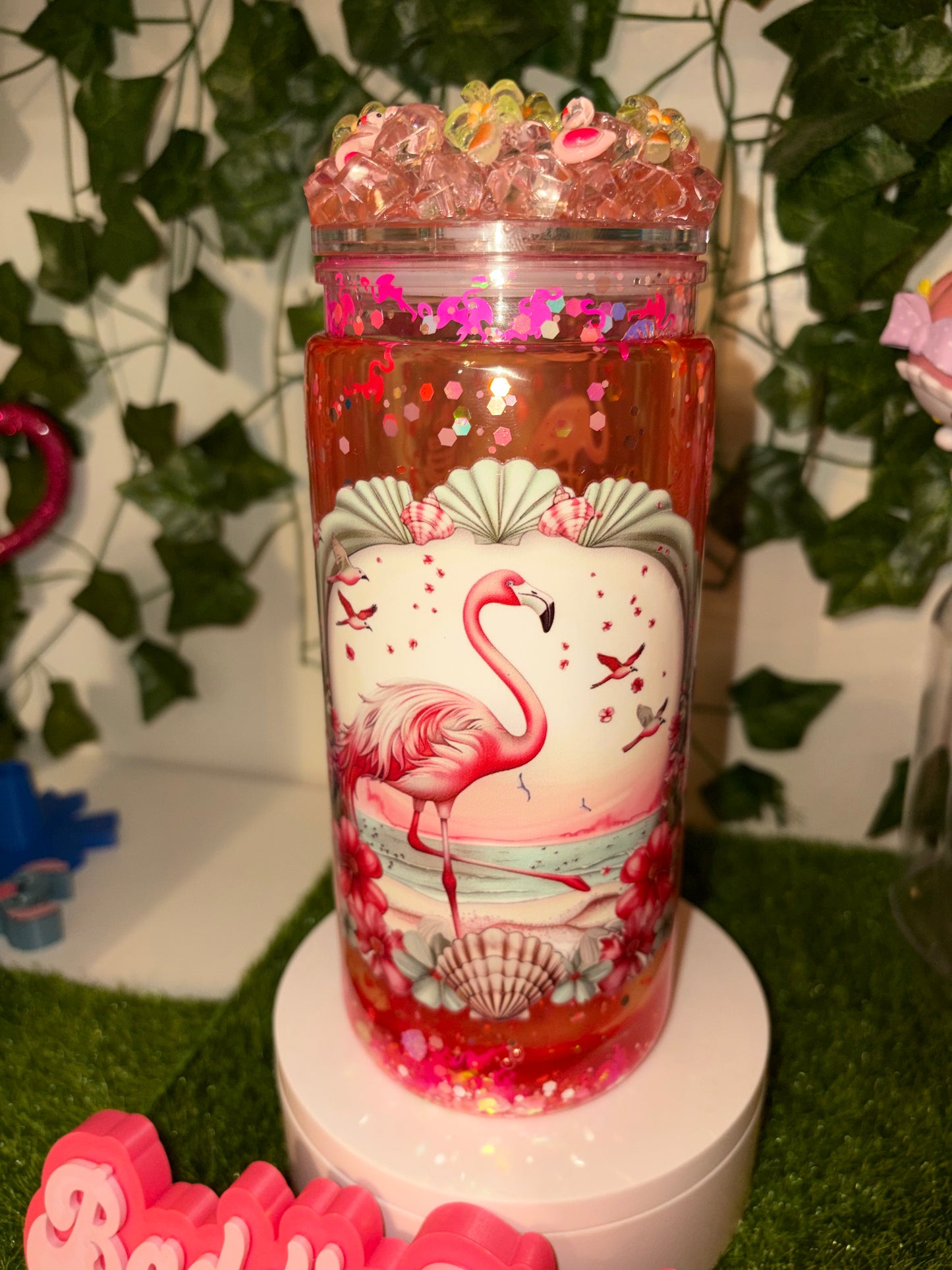 20oz Flamingo waterfall snowglobe tumbler